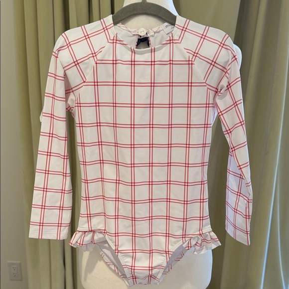 Minnow Other - Minnow Swim - Girls Red & White Windopane Rashguard One Piece - Size: 5/6